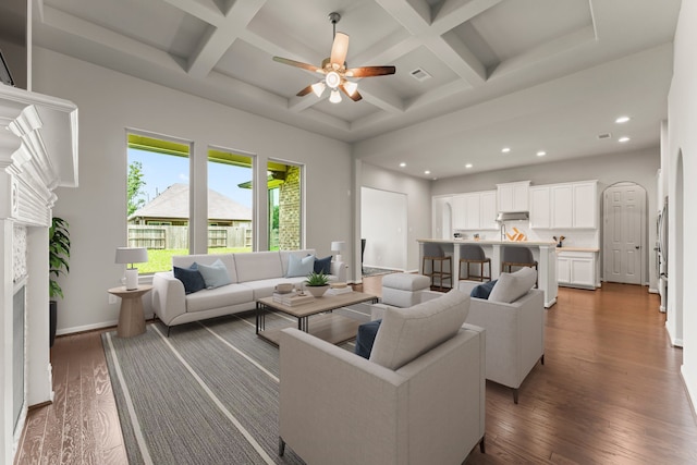 32039 Autumn Orchard Ln, Conroe, TX 77385 - living area with dark wood-type flooring, ceiling fan, coffered ceiling, baseboards, and recessed lighting