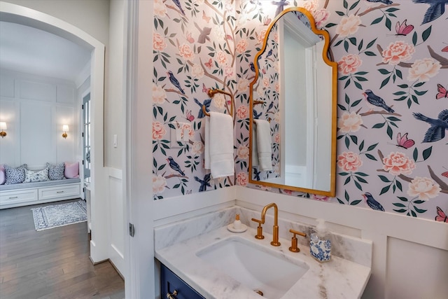 107 E Sawyer Ridge Dr, Spring, TX 77389 - bathroom with wood finished floors and vanity