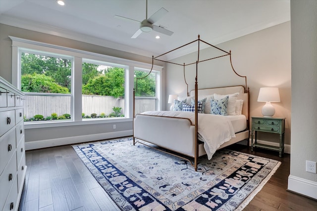 107 E Sawyer Ridge Dr, Spring, TX 77389 - bedroom featuring dark wood-style flooring, baseboards, recessed lighting, ornamental molding, and ceiling fan