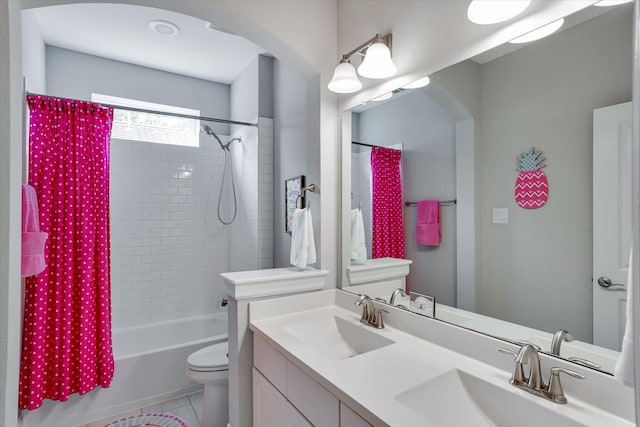 107 E Sawyer Ridge Dr, Spring, TX 77389 - bathroom with toilet, shower / bath combo, double vanity, and tile patterned floors