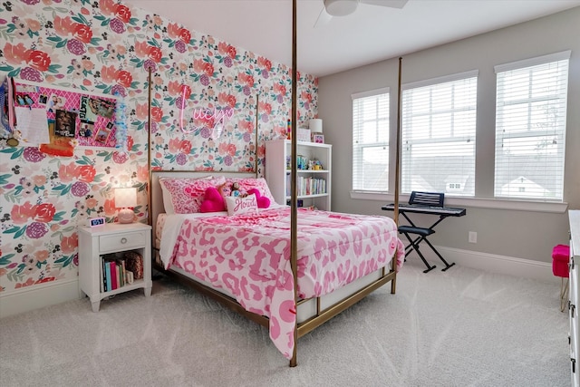 107 E Sawyer Ridge Dr, Spring, TX 77389 - carpeted bedroom featuring baseboards, a ceiling fan, and wallpapered walls