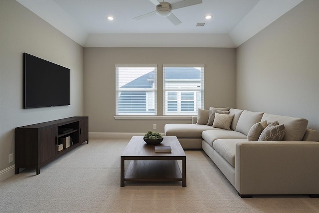 107 E Sawyer Ridge Dr, Spring, TX 77389 - living area featuring ceiling fan, baseboards, recessed lighting, light colored carpet, and lofted ceiling