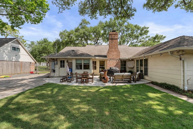 8015 Skyline Dr, Houston, TX 77063 - rear view of property featuring an outdoor living space, a chimney, a patio area, and a shingled roof