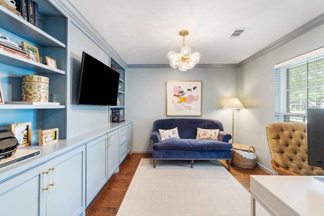 8015 Skyline Dr, Houston, TX 77063 - living area featuring dark wood-style flooring, crown molding, a chandelier, and baseboards