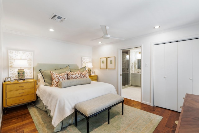 8015 Skyline Dr, Houston, TX 77063 - bedroom featuring ornamental molding, dark wood-style floors, ensuite bathroom, a ceiling fan, and recessed lighting