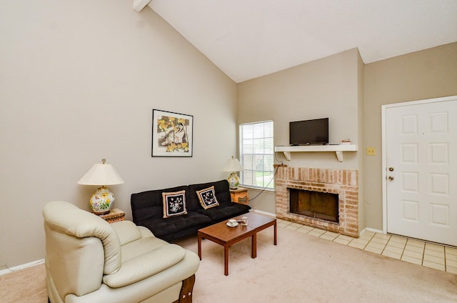 6211 Ludington Dr Unit 21-909, Houston, TX 77035 - carpeted living room featuring high vaulted ceiling, a brick fireplace, baseboards, and beam ceiling