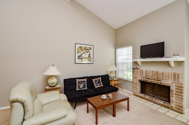 6211 Ludington Dr Unit 21-909, Houston, TX 77035 - carpeted living room with baseboards, high vaulted ceiling, and a brick fireplace