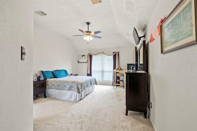 411 Ceole Ln, League City, TX 77573 - bedroom with carpet, vaulted ceiling, a textured ceiling, a textured wall, and a ceiling fan