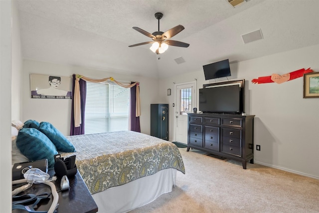 411 Ceole Ln, League City, TX 77573 - bedroom with light carpet, lofted ceiling, baseboards, and ceiling fan