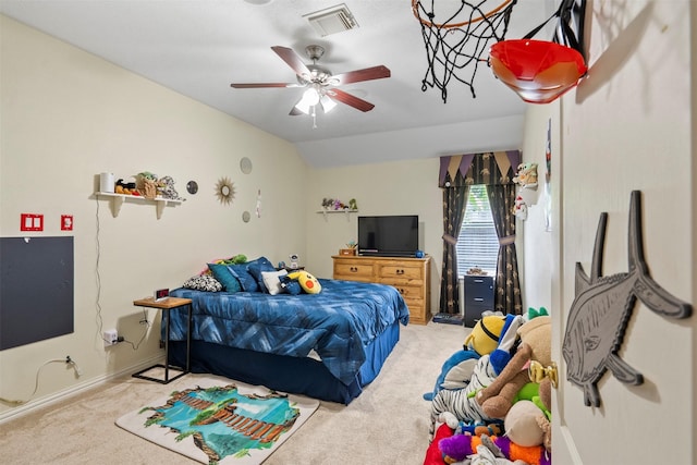 411 Ceole Ln, League City, TX 77573 - bedroom with carpet floors, a ceiling fan, baseboards, and vaulted ceiling