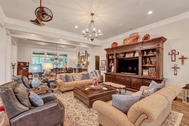 12431 Lake Vista Dr, Willis, TX 77318 - living room with a chandelier, ornamental molding, light wood-type flooring, and recessed lighting