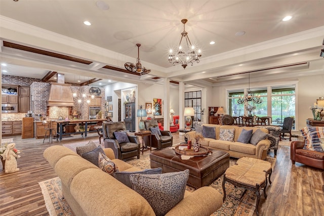 12431 Lake Vista Dr, Willis, TX 77318 - living area with a chandelier, ornamental molding, wood finished floors, and recessed lighting