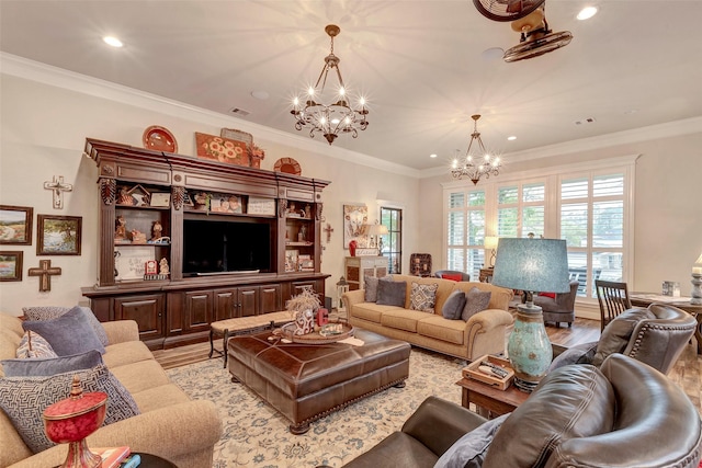 12431 Lake Vista Dr, Willis, TX 77318 - living area featuring a chandelier, light wood finished floors, crown molding, and recessed lighting