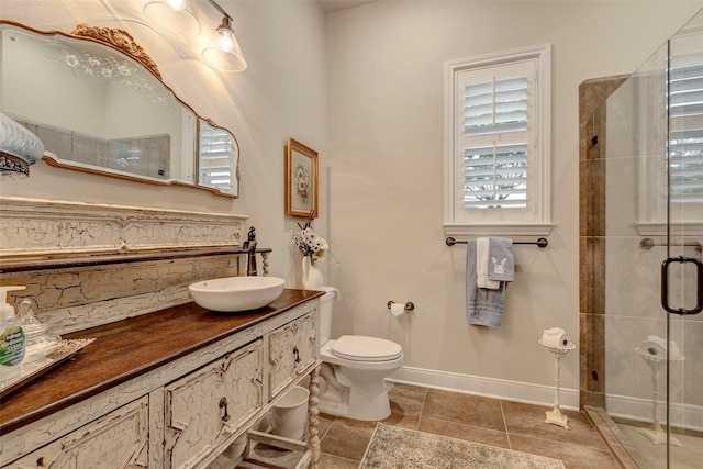 12431 Lake Vista Dr, Willis, TX 77318 - bathroom featuring a shower stall, tile patterned floors, toilet, decorative backsplash, and baseboards