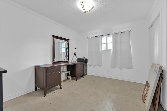 1202 Harbor View Dr, Galveston, TX 77550 - office space with crown molding, baseboards, and a textured ceiling