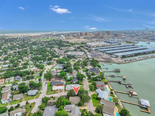 1202 Harbor View Dr, Galveston, TX 77550 - aerial overview of property's location featuring nearby urban area and a large body of water