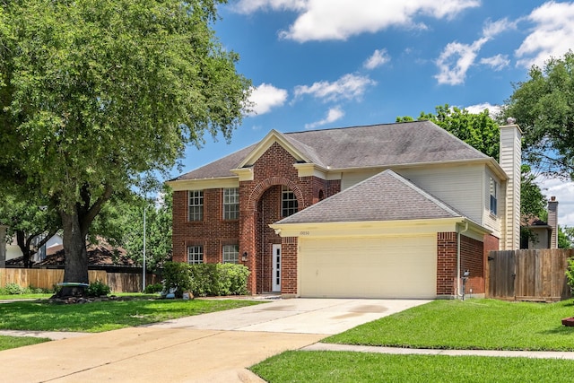 10030 Storm Meadow Dr, Houston, TX 77064 - view of front of property with an attached garage, a chimney, brick siding, driveway, and roof with shingles