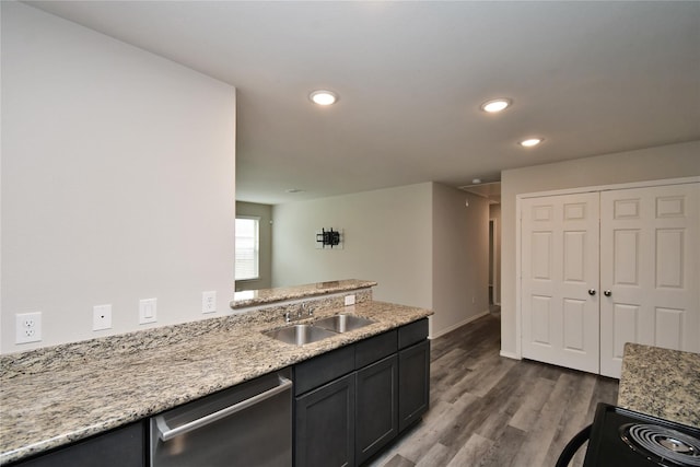 16893 W Forrestal, Montgomery, TX 77316 - kitchen with a sink, stainless steel dishwasher, dark wood-style floors, a peninsula, and recessed lighting