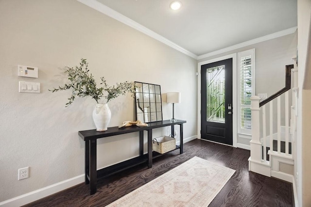 10603 Centre Green Way, Houston, TX 77043 - entryway with crown molding, baseboards, stairs, wood finished floors, and recessed lighting