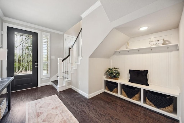 10603 Centre Green Way, Houston, TX 77043 - mudroom featuring baseboards, crown molding, and wood finished floors