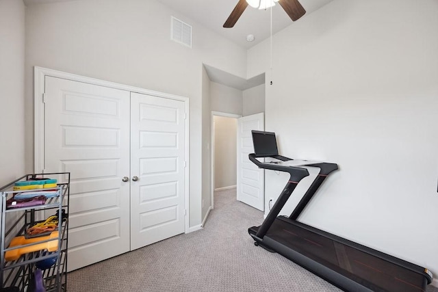 10603 Centre Green Way, Houston, TX 77043 - workout room featuring carpet, a ceiling fan, and baseboards