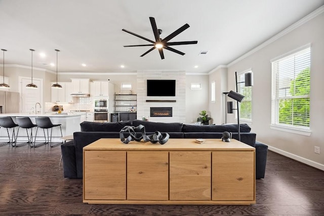 10603 Centre Green Way, Houston, TX 77043 - living room featuring a ceiling fan, dark wood-style floors, crown molding, baseboards, and a fireplace