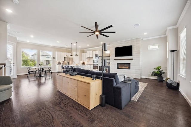 10603 Centre Green Way, Houston, TX 77043 - living area with a ceiling fan, crown molding, dark wood-style floors, baseboards, and a fireplace
