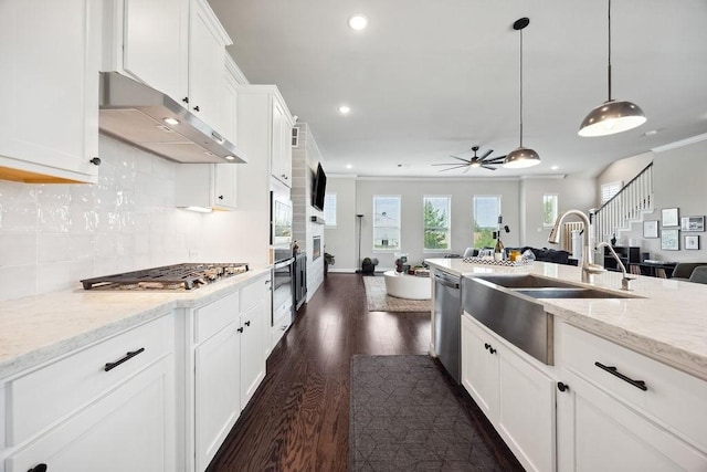 10603 Centre Green Way, Houston, TX 77043 - kitchen with under cabinet range hood, open floor plan, appliances with stainless steel finishes, a sink, and dark wood-style flooring