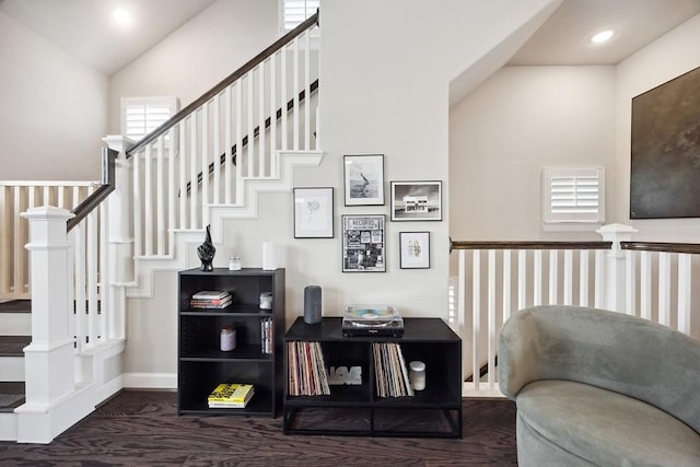 10603 Centre Green Way, Houston, TX 77043 - stairway featuring recessed lighting, high vaulted ceiling, and carpet floors