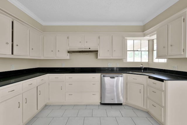 1614 Sweet Grass Trl, Houston, TX 77090 - kitchen with stainless steel dishwasher, a sink, under cabinet range hood, white cabinetry, and ornamental molding
