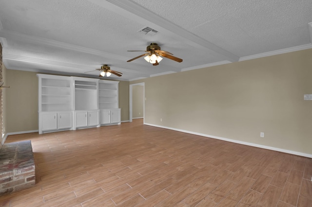 1614 Sweet Grass Trl, Houston, TX 77090 - unfurnished living room with ceiling fan, a textured ceiling, light wood-style flooring, baseboards, and ornamental molding