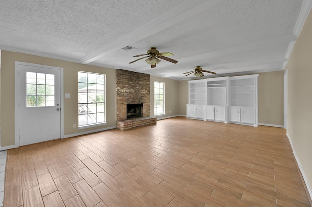 1614 Sweet Grass Trl, Houston, TX 77090 - unfurnished living room with a textured ceiling, light wood-type flooring, a ceiling fan, baseboards, and crown molding