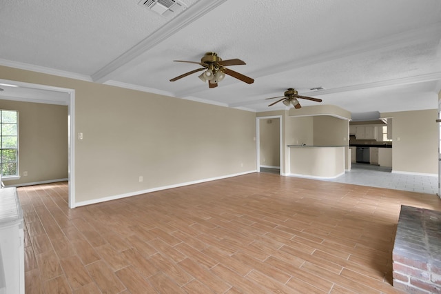 1614 Sweet Grass Trl, Houston, TX 77090 - unfurnished living room featuring a ceiling fan, a textured ceiling, baseboards, light wood-type flooring, and beam ceiling
