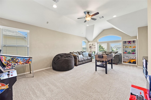27710 Bering Crossing Dr, Katy, TX 77494 - carpeted living room featuring a ceiling fan, vaulted ceiling, baseboards, and recessed lighting