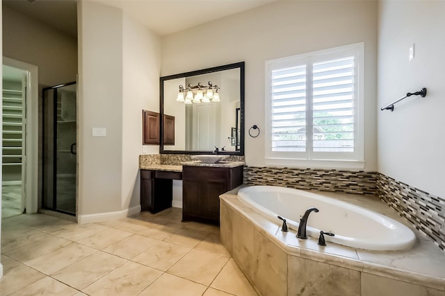 3322 Mallard Run Ct, Katy, TX 77494 - full bathroom featuring vanity, a bath, a shower stall, and tile patterned floors