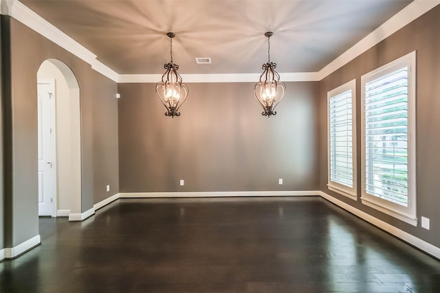 3322 Mallard Run Ct, Katy, TX 77494 - spare room featuring arched walkways, dark wood-type flooring, baseboards, a chandelier, and baseboard heating