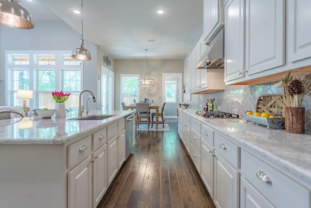 151 Jacks Corner Dr, Montgomery, TX 77316 - kitchen with a sink, appliances with stainless steel finishes, white cabinets, dark wood-style flooring, and tasteful backsplash