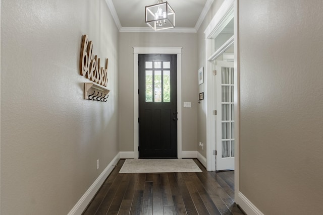 151 Jacks Corner Dr, Montgomery, TX 77316 - entryway with dark wood-type flooring, a chandelier, baseboards, and crown molding