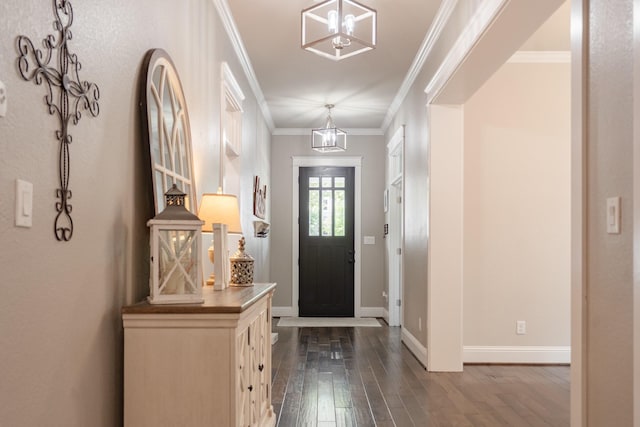 151 Jacks Corner Dr, Montgomery, TX 77316 - foyer with dark wood-type flooring, baseboards, a chandelier, and ornamental molding
