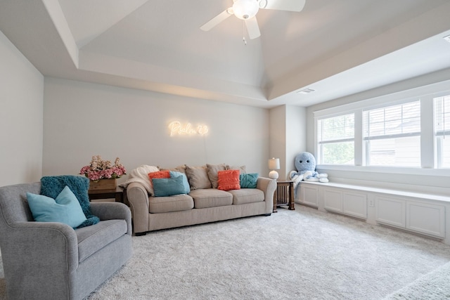 151 Jacks Corner Dr, Montgomery, TX 77316 - living area with light carpet, ceiling fan, and a tray ceiling