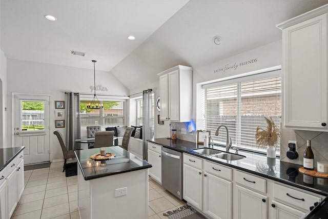 2506 Abernathy Glen Ct, Houston, TX 77014 - kitchen with a sink, dishwasher, dark countertops, tasteful backsplash, and lofted ceiling