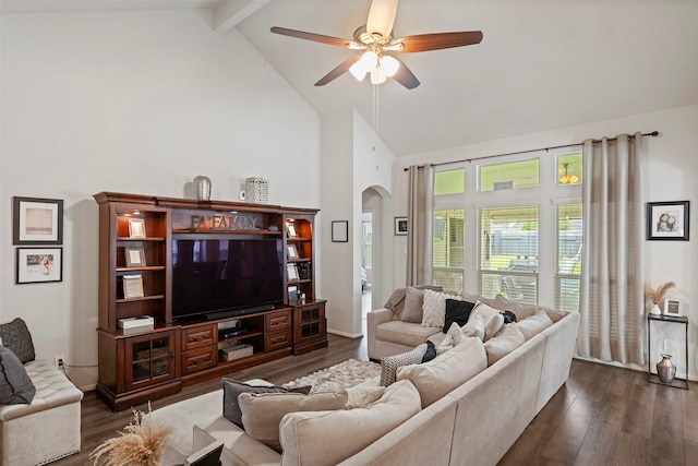 2506 Abernathy Glen Ct, Houston, TX 77014 - living area with arched walkways, high vaulted ceiling, a ceiling fan, beamed ceiling, and dark wood-type flooring