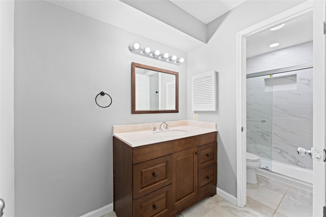 815 Pebbleshire Dr, Houston, TX 77062 - bathroom with toilet, a marble finish shower, vanity, and baseboards