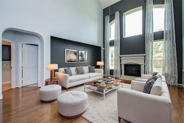6410 Drayton Hall, Missouri City, TX 77459 - living room featuring a towering ceiling, wood finished floors, a glass covered fireplace, and baseboards