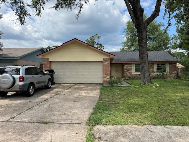 5319 Straight Arrow Dr, Humble, TX 77346 - single story home featuring a garage, brick siding, driveway, a front yard, and a shingled roof