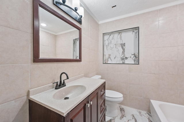 2635 Dragonwick Dr, Houston, TX 77045 - full bath featuring tile walls, toilet, a bath, vanity, and crown molding