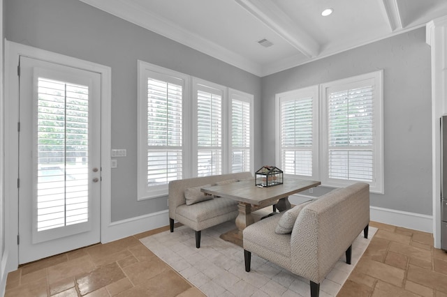 28310 Whispering Maple Way, Spring, TX 77386 - dining space with stone tile floors, beam ceiling, ornamental molding, and baseboards