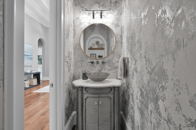 28310 Whispering Maple Way, Spring, TX 77386 - bathroom with wood finished floors, vanity, and ornamental molding