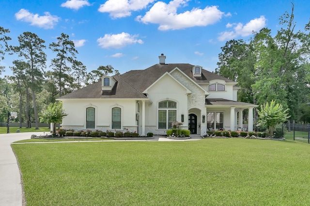 28310 Whispering Maple Way, Spring, TX 77386 - french country style house featuring stucco siding, stone siding, and a chimney