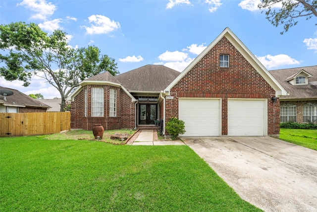 15110 Farndale Dr, Houston, TX 77062 - view of front facade featuring french doors, brick siding, driveway, and a shingled roof